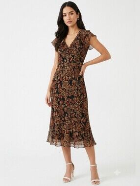 Jones New York 100% Silk Floral Midi Dress Ruched Neckline Lined sz 14 Brown Tan